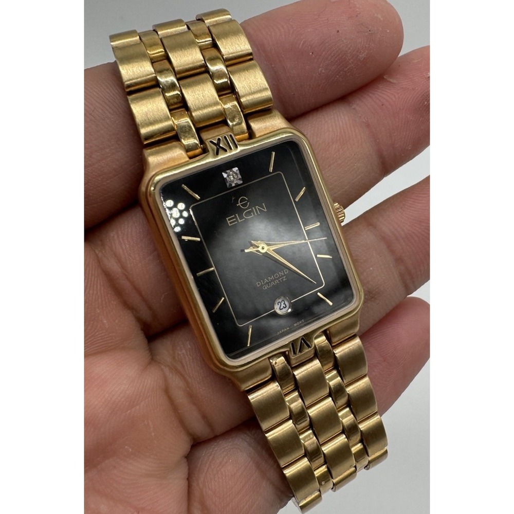 Elgin Diamond Quartz Watch Gold Tone Black Dial Rectangular Date Window Mens